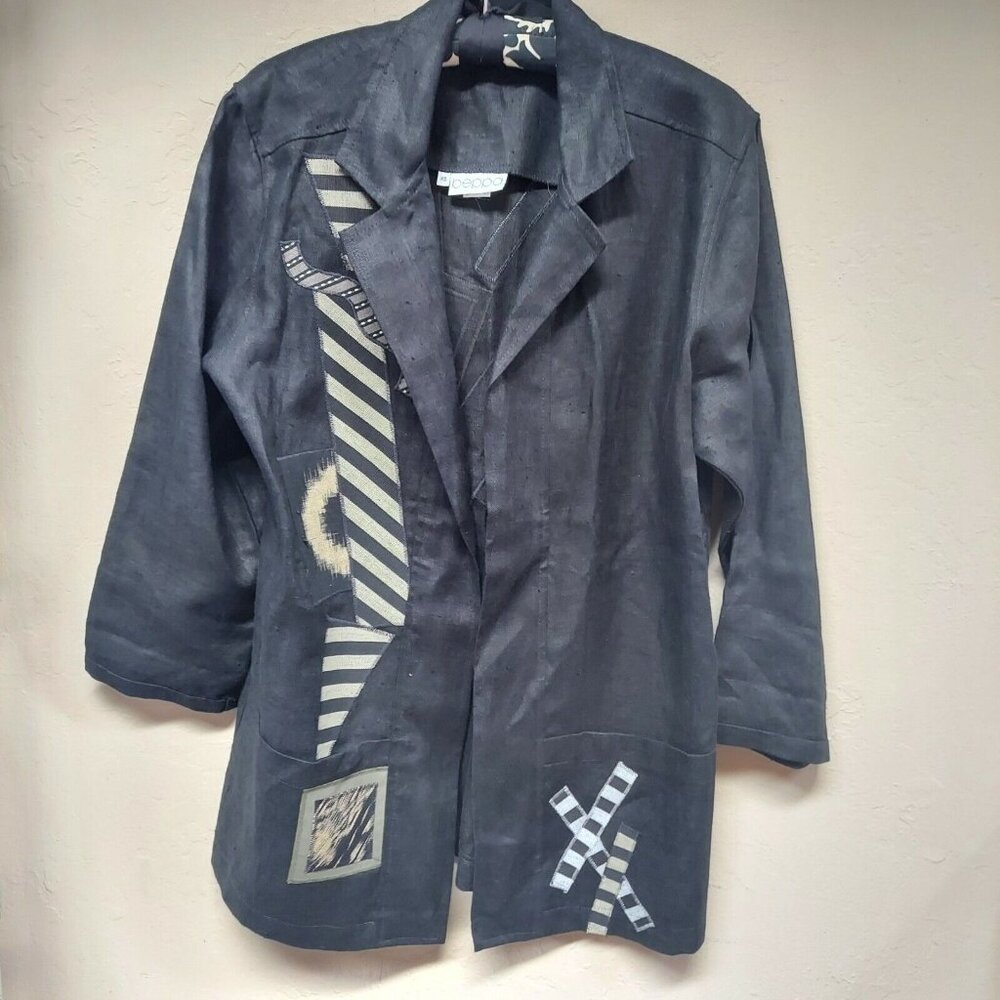 Beppa Women's 100% Linen Art-To-Wear Blazer Jacket XS Black 3/4 Sleeve Casual